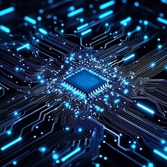 Fototapeta premium Glowing Blue Microchip on a Dark Background Represents Futuristic Technology