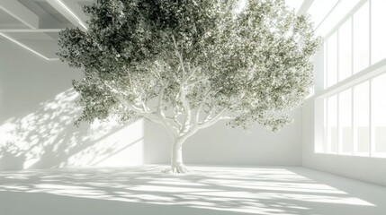 Obraz premium Modern minimalist interior with a large tree. Sunlight streams through expansive windows