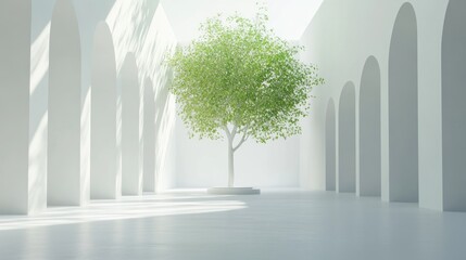 Obraz premium Modern minimalist interior with a single tree (1)