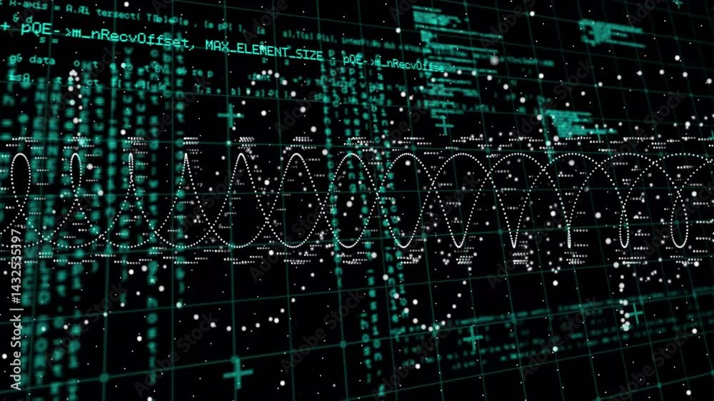 Poster sinusoidal waveform running across interface with teal code scrolling, 3d grid, white particles