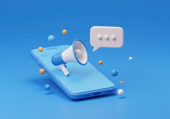 A blue smartphone with a megaphone and speech bubble on a blue background with small spheres around it