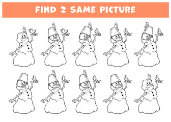 Black and white find two same spring melting snowman. Line matching activity for children. Signs of spring educational quiz worksheet or coloring page for kids for attention skills. Cartoon game