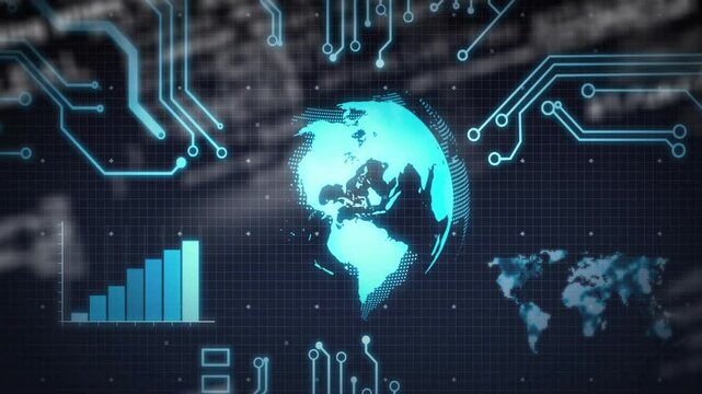 Glowing cyan globe floating over dark grid, showing neon circuits, rising bar chart and pixel map