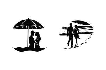 Couple Silhouette Enjoying Beach Vacation Under Umbrella And Walking On Sand