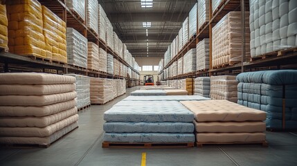 Warehouse interior with stacked pallets and a forklift in the distance