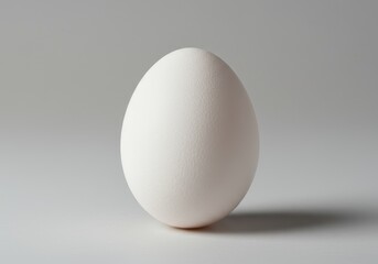 A single white egg standing upright on a light gray surface with a soft shadow behind it in studio light
