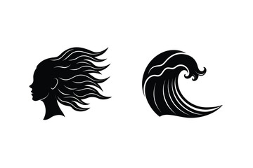Woman Profile Silhouette With Flowing Hair And Ocean Wave Vector Design