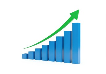 A blue bar graph showing an upward trend with a green arrow indicating growth and success on white
