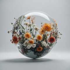 A surreal floating floral sphere, white backdrop