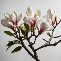 A magnolia branch in bloom, white background