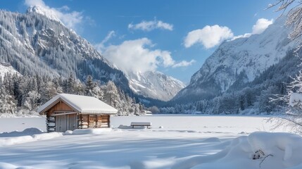 Fototapeta premium Snowy mountain lake cabin winter landscape