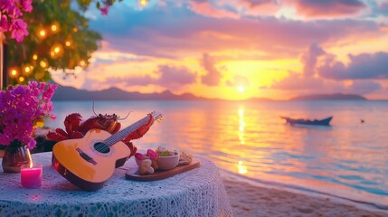 Sunset performance by a crab strumming guitar on a table by the beach, capturing calm and creativity