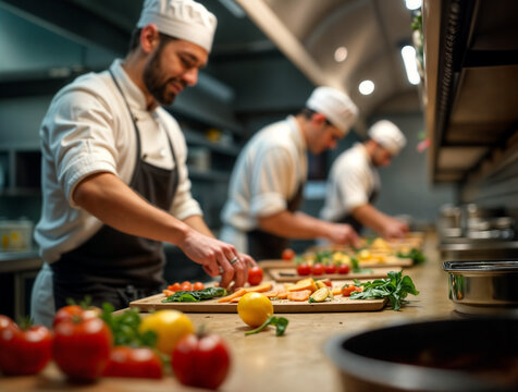 The image shows a group of chefs in a commercial kitchen, each preparing food