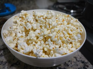 Bowl of popcorn on countertop