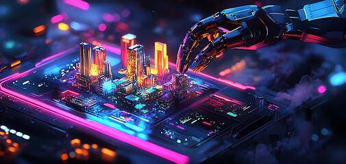 Digital Art of a Robotic Limb Constructing a Neon Cityscape with High-Tech Vibes.