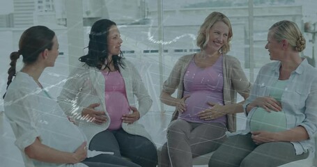Four expectant mothers sharing prenatal health tips with floating heart icons and growth chart