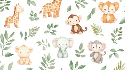 Cute safari animals and leaves pattern