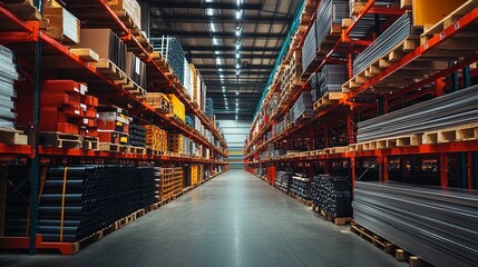 Wide interior view of a well-stocked warehouse aisle.