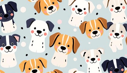 Seamless childish pattern featuring whimsical dog faces in trendy Scandinavian style, pattern, Scandinavian