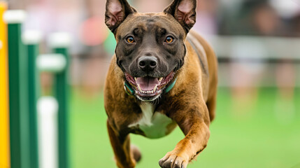 Obraz premium Brown dog happily running during an agility competition with green blurred background in view