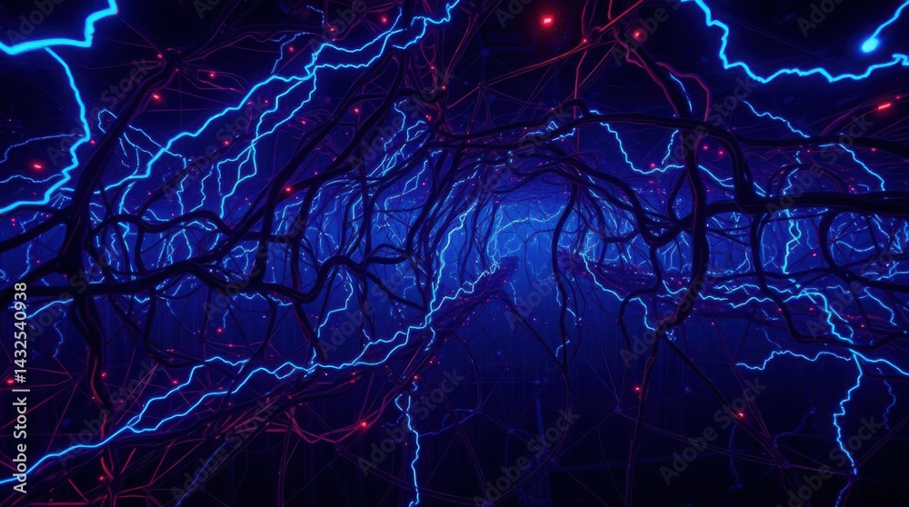 Poster Futuristic network of electric blue neural pathways with interconnected web