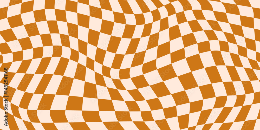 Leinwandbilder Twisted checkered colorful background. Abstract vector pattern. Brown and beige colors. Retro wavy psychedelic checkerboard	