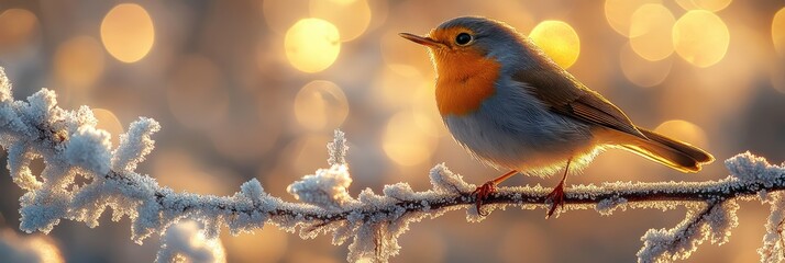 Obraz premium Robin bird winter frost branch.