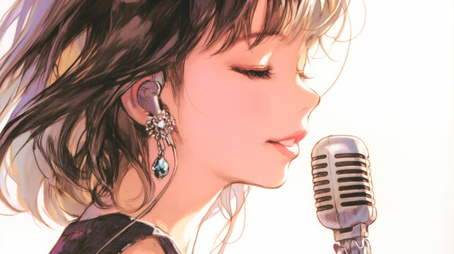 昭和レトロなアイドルがマイクを握り歌う感動の瞬間を描いた手描き風イラスト、ライブパフォーマンス、感情、青春、昭和風スタイルの高解像度ビジュアル素材