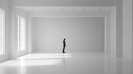 Obraz premium Solitary Figure in a Minimalist White Room: A Study in Space and Isolation