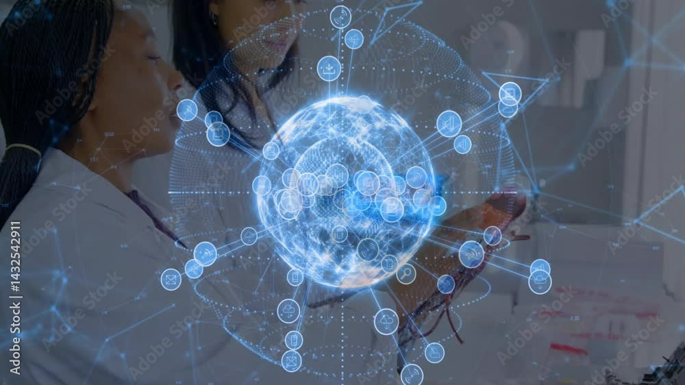 Poster two scientists examining tablet in tech lab, projecting holographic data globe with floating icons