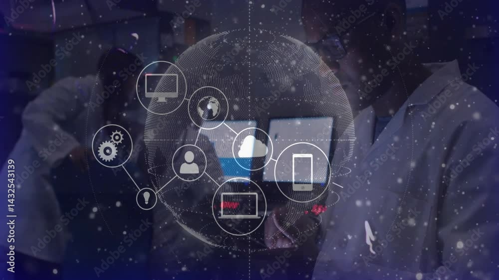 Poster research scientists using computers in high-tech lab, showcasing holographic globe with tech icons