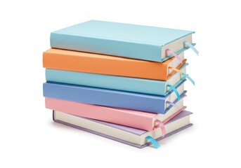 Stack of pastel colored books with ribbons on a white background in a studio shot style image