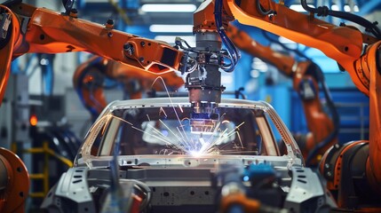 Robotic Welding Auto Assembly Line Sparks