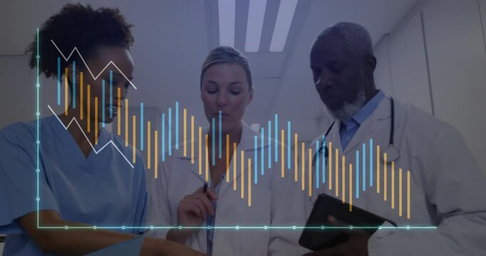 Three healthcare staff examining data in hospital corridor, displaying bar and line chart overlay