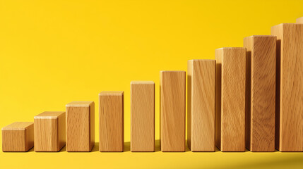 ステップアップを可視化した木製キューブの階段構成 | イエローの活気ある背景
