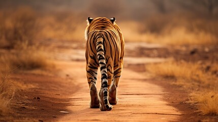 Majestic Tiger Walking Away on a Dirt Path