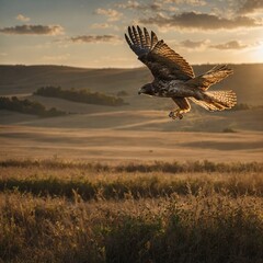 Imagine watching a hawk or other bird of prey soaring silently over open fields in late afternoon light. Describe the way it moves through the air, how the land looks from its perspective, and what it