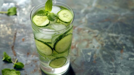 Fototapeta premium Tall Glass of Cucumber Mint Water with Ice Cubes
