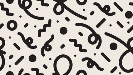 Playful seamless pattern with black hand drawn doodle lines and shapes. Minimalist and creative background design, perfect for kids, party themes, or fun modern projects.