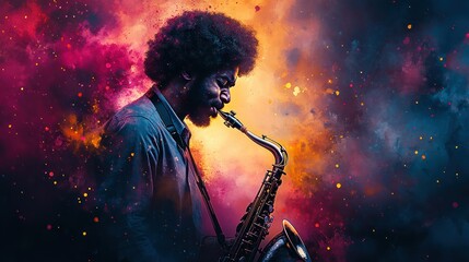 Saxophonist Playing Jazz With Vibrant