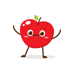 Cute Smiling Red Apple Character Waving – Kawaii Red Fruit Mascot Vector