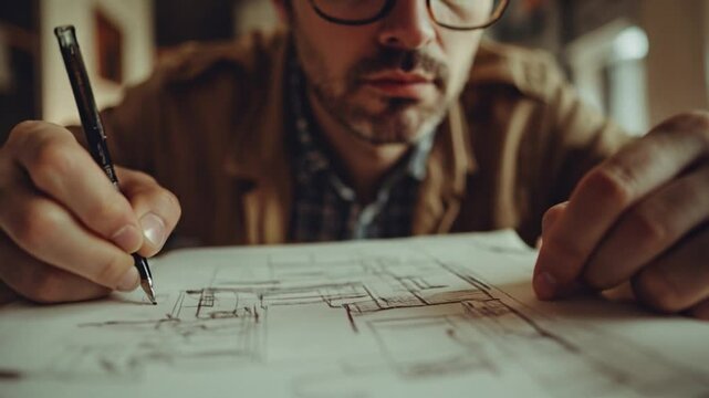Focused architect drafting a blueprint at the table