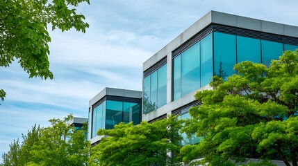 Modern office building with sleek blue-tinted glass and green trees under a bright sky