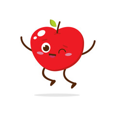 Cute Smiling Red Apple Character Waving – Kawaii Red Fruit Mascot Vector