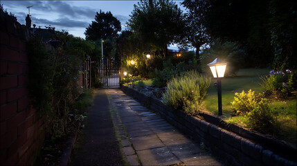 Pathway with wall mounted solar lights illuminate garden at dusk, creating welcoming and serene atmosphere that is simply beautiful