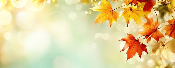 Fototapeta premium Maple Leaves Branch In Autumn Colors On Bright Bokeh Background, Scenic Fall Foliage