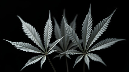 Pearl cannabis leaves on onyx. Satin-like veins and diagonal symmetry create a sleek, high-end botanical pattern.