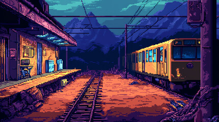 Obraz premium Pixel Art Train Station at Night with Mountain View