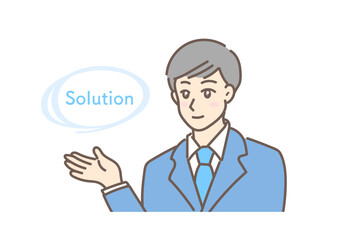 「Solution 」と解決案を提案するビジネスマン