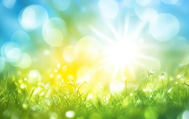 Fototapeta premium Sunlit Meadow with Soft Bokeh, Green Grass, Wildflowers, and Light Blue Sky